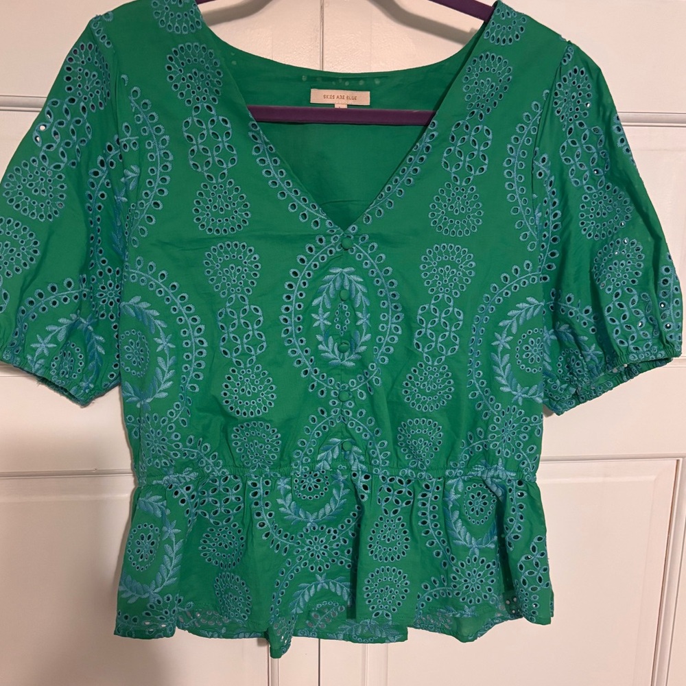 Skies Are Blue Green Eyelet Peplum - Picture 2 of 4